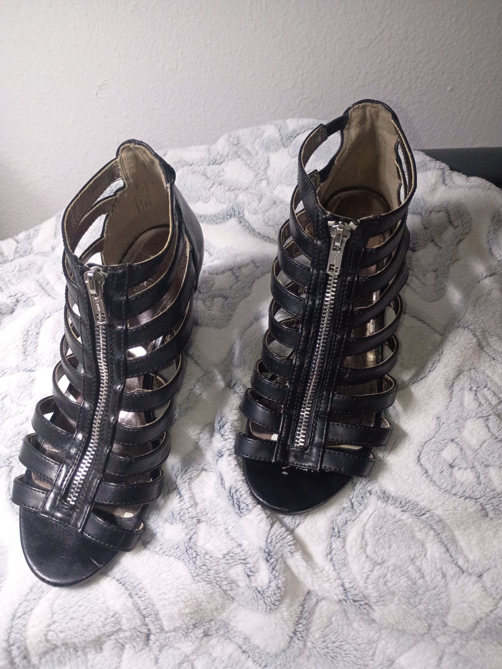 Material Girl Black Strappy Front-Zip Gladiator Heels